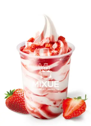 Mixue Menu 3 soft serve vanilla topped with fresh strawberry sauce
